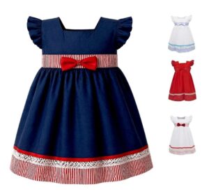 #VestidoInfantil #ModaNiñas #VestidoAzulMarino #DetallesEnRojo #EstiloClásico #ModaAtemporal #VestidoConLazo #EventosEspeciales #OutfitElegante #CreacionesFlérida