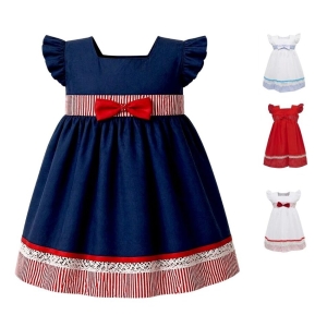 #VestidoInfantil #ModaNiñas #VestidoAzulMarino #DetallesEnRojo #EstiloClásico #ModaAtemporal #VestidoConLazo #EventosEspeciales #OutfitElegante #CreacionesFlérida