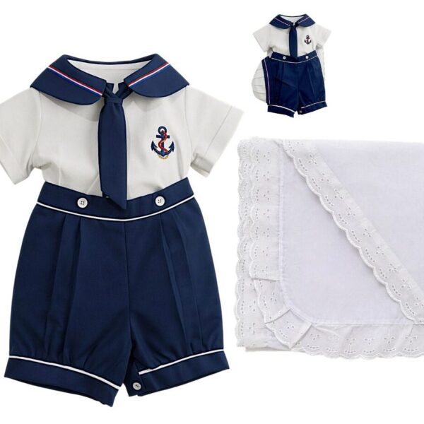 #ConjuntoInfantil #ModaBebés #EstiloMarinero #CamisaConBordado #ShortInfantil #MantaDeEncaje #ModaTierna #EventosEspeciales #OutfitNáutico #CreacionesFlérida