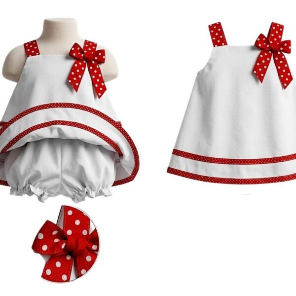 #ConjuntoInfantil #ModaBebés #VestidoBlanco #DetallesEnRojo #EstiloModerno #LunaresEncantadores #BombachoInfantil #ModaTierna #EventosEspeciales #CreacionesFlérida